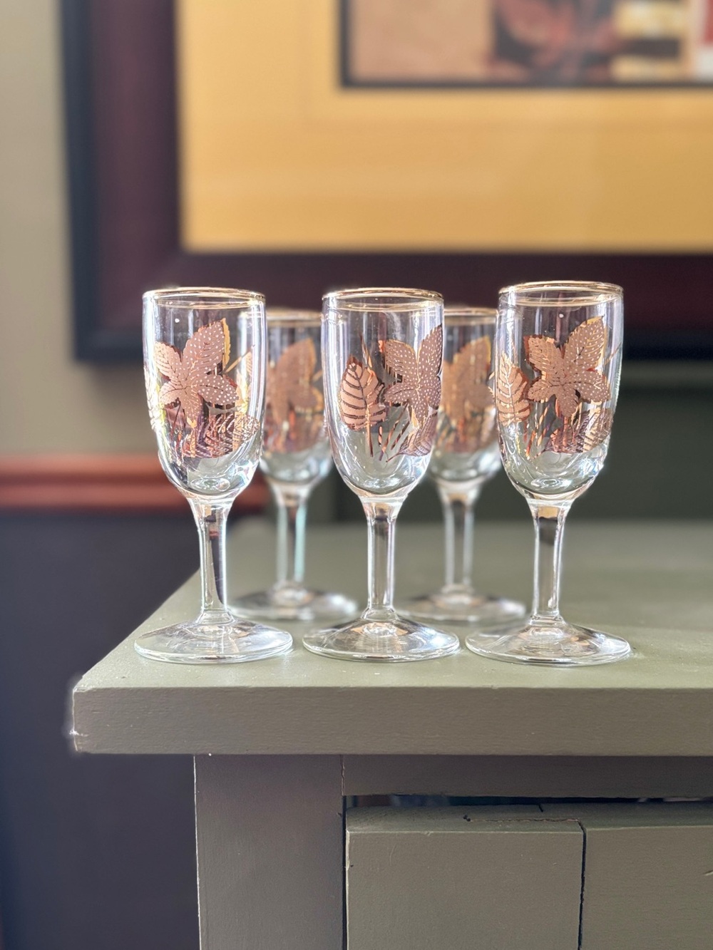 Set of 5 vintage Libby Cordial brandy snifters with Gold Leaf design, 1950’s